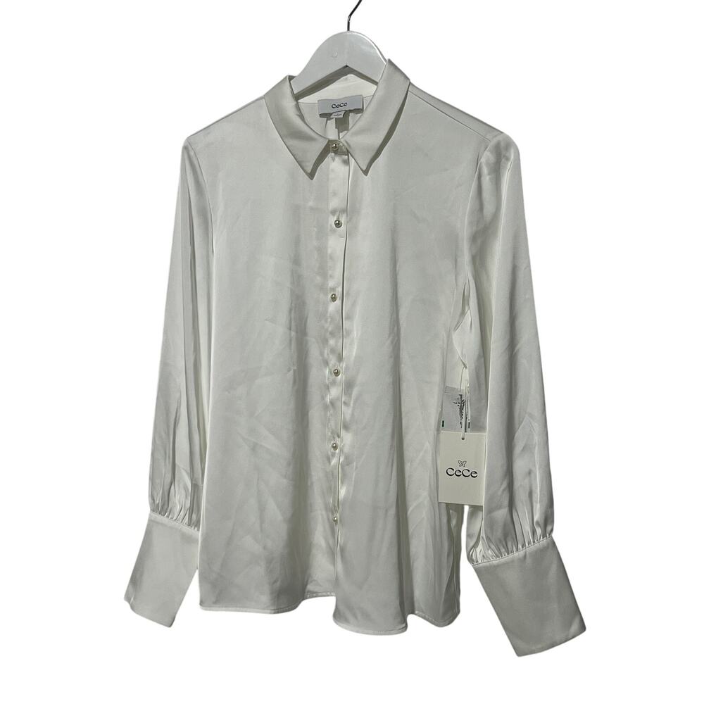 CECE WOMENS TOP SIZE LARGE  BUTTON-FRONT SHIRT SATIN ECRU WHITE BLOUSE